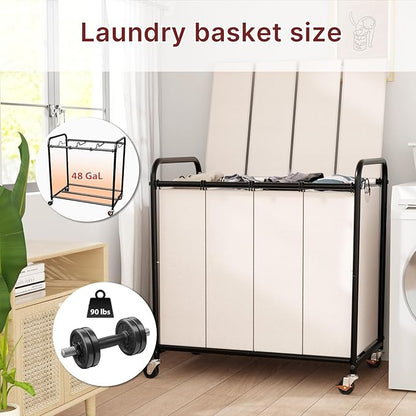 180L Laundry Sorter 4 Section – Heavy Duty Rolling Laundry Basket with Lockable Wheels and Lid, 4 Large Separate Removable Bags, Laundry Hamper Cart for Laundry Room Organizer (White)