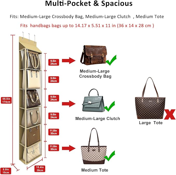 Lirex Over The Door Purse Organizer & Purse Shelf for Closet – Handbag Storage Organizer with Purse Hanger. Perfect for Scarves, Hats, and Leggings. L (15.7'' x 5.7'' x 68''), Khaki