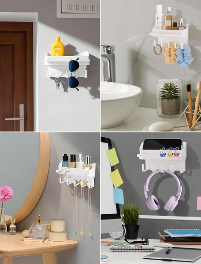 NiHome 4-Pack Multi-Functional Wall Storage Rack with Hooks, No Drill Adhesive Wall Mounted Organizer for Necklace, Jewelry, Headbands, Glasses, Vanity Accessory Shelf & Bathroom Storage Organizer