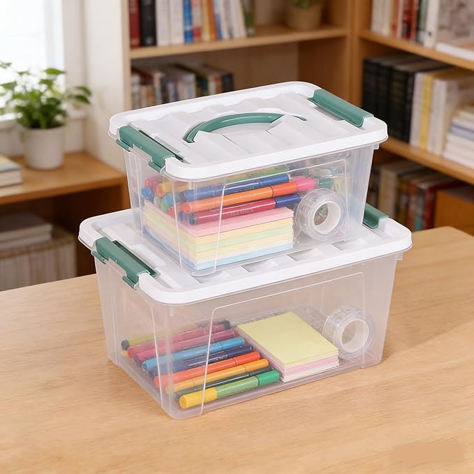 2-Pack Plastic Lidded Storage Box with Handle, Organizing Container with Lid and Latching Buckles (7 Quart/14 Quart)
