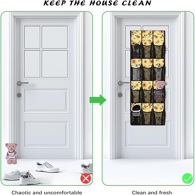 Sunflower Cow Over the Door Shoe Organizer 12 Large Mesh Pockets Sturdy Oxford Fabric Door Shoe Organizer Hanging Shoe Rack for Door