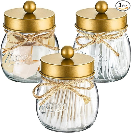 SheeChung 3Pack Warm Golden Undertones Bathroom Decor, Cotton Swab Holders, Bathroom Container Set, Restroom Decor for Cotton Round Pads, Balls, Floss Pick - Brushed Gold