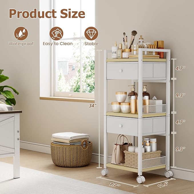 Flycity Makeup Organizer Cart with Drawers, 5 Tier Rolling Makeup Cart, Floor Skincare Organizers, Vanity Organizer Storage with Wheels Cosmetic Display Cases for Skin Care Perfume Nail Polish, White