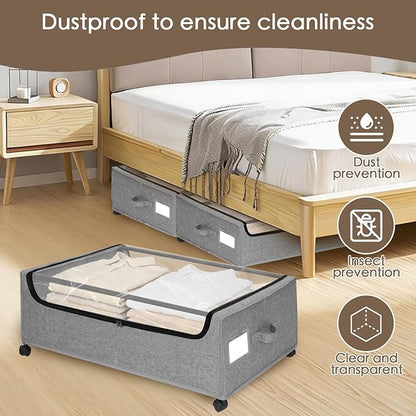 Under Bed Storage with Wheels, 2-Pack Under the Bed Storage Containers with Clear Lids & Label, Underbed Storage Bins, XXXL 85L 11 inches Rolling Metal Drawer for Clothes, Shoes, Toys, Books - Gray