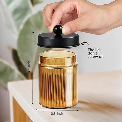 Amolliar Amber Glass Qtip Holder, Apothecary Jars with Black Metal Lid & Stickers-Bathroom Qtip Dispenser Storage Organizer Set, Vanity Countertop Canister for Cotton Swabs, Floss Container(1 Pack)
