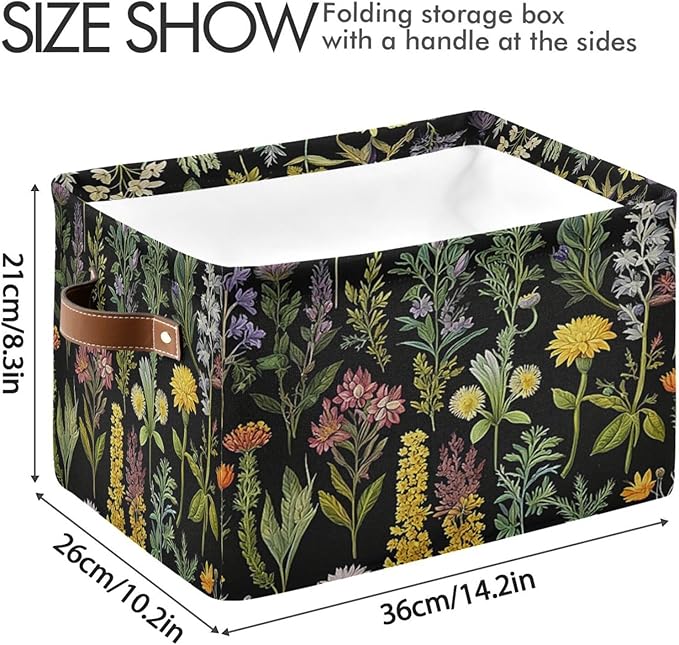 Vintage Leaves Herbs Storage Basket Decorative Fabric Baskets Bins Foldable Shelf Closet Baskets Storage Box Cube With Handle Organizer Basket For Kids Toys Clothes Bedroom Nursery