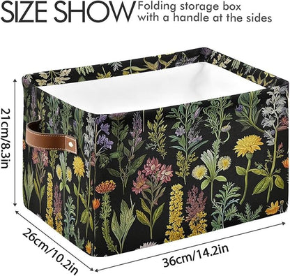 Vintage Leaves Herbs Storage Basket Decorative Fabric Baskets Bins Foldable Shelf Closet Baskets Storage Box Cube With Handle Organizer Basket For Kids Toys Clothes Bedroom Nursery