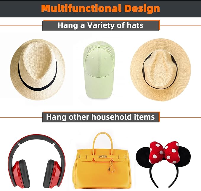 KOVSPO 10 PCS Adhesive Hat Hooks for Wall, Strong Hold Hat Hangers, Minimalist Hat Rack Design, No Drilling, Hat Hooks for Baseball Caps, Hat Holder Organizer for Wall, Door, Closet, Office, Bedroom