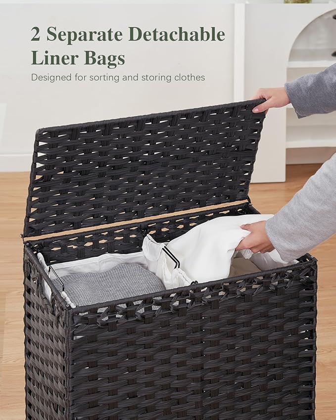 SETVSON Laundry Hamper with Lid, 112 L Handwoven Rattan Wicker Laundry Basket, 2 Removable Liner Bags Metal Heightened Feet, 6 Mesh Bags, 2 Section Large Clothes Hamper for Bathroom Bedroom, Black