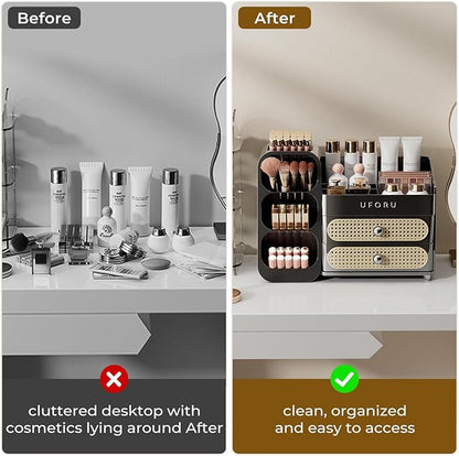Makeup Organizer for Vanity with Brush Holder, Large Capacity Bathroom Countertop Skincare Organizer with 2 Drawers, Cosmetic Display Case for Perfumes, Eyeshadow Palettes, Nail Polishes