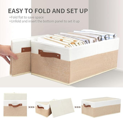 Closet Organizer Bins 3 Pack, Large Storage Bins for Shelves, Foldable Closet Storage Boxes Baskets with Leather Handles for Organizing Clothes, Sheets, Jeans, Toys, Books（Begie）