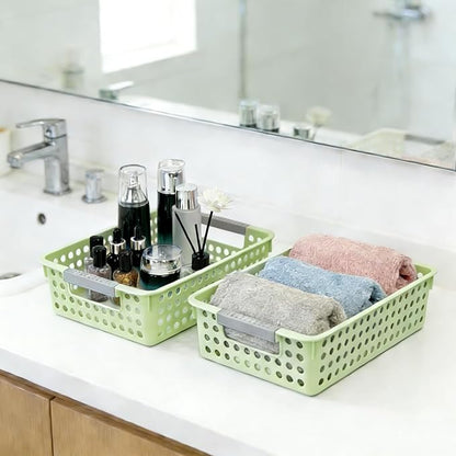 Soddeph 4 Pack Small Plastic Storage Baskets for Organizing, Stackable Bins with Handles for Shelves, Multipurpose Drawer Trays (Green)