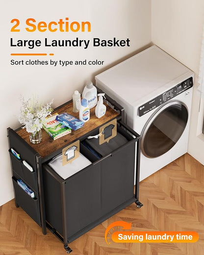 Laundry Hamper 2 Section: Laundry Sorter with Pull-Out Cart - Rolling Laundry Basket Organizer with Shelf and Wheels - Clothes Hamper for Laundry Room Bathroom Bedroom