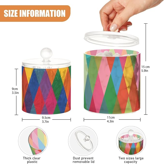 2 Pack Qtip Dispenser Apothecary Jars with Lids Cotton Round Holder Bathroom Canisters for Cotton Swab Floss Ball Pads Clear Plastic Decorative Colorful Argyle