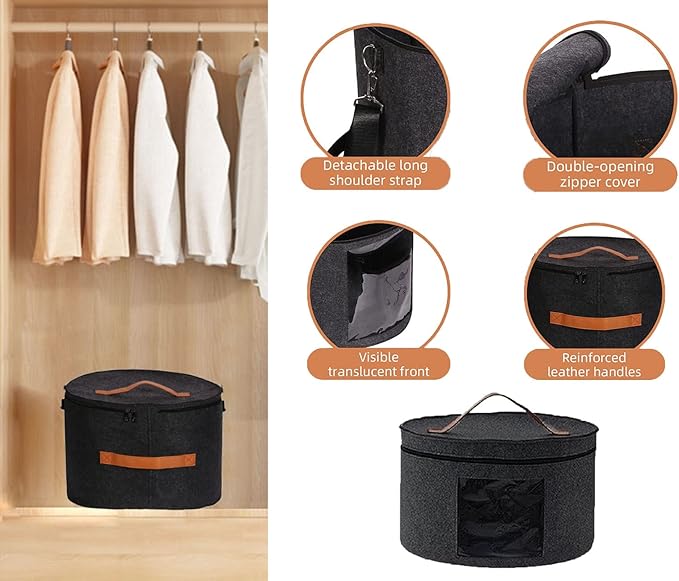 Felt Hat Storage Box,Portable Foldable Hat Container Organizer,with Shoulder Strap & 2 Handles,Stuffed Animal Toys and Clothes Storage Bin,for Closet or Travel (black)