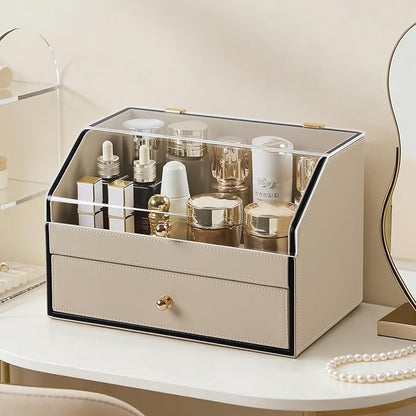 Leather Makeup Organizer & Skincare Storage Rack - Cosmetic Display Case with Dustproof Transparent Cover, Drawer Jewelry Storage, for Bedroom Vanity, Perfume & Lipstick Organizer (Beige)