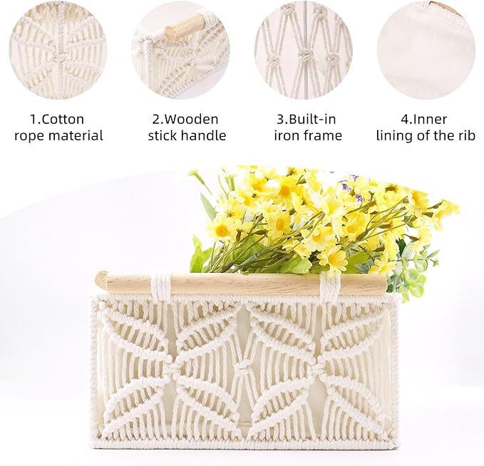 YAHUAN Macrame Storage Baskets with Wood Handles Handmade Woven Boho Decor Box for Organizing on Shelf Cabinet Countertop - Set of 3 (White)