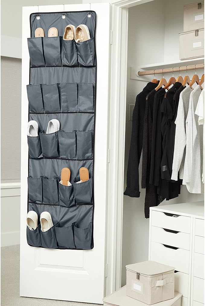 Covermates Over The Door Shoe Organizer - Heavy Duty Material, Stainless Steel Hooks, Grommets - Closet Storage, Grey