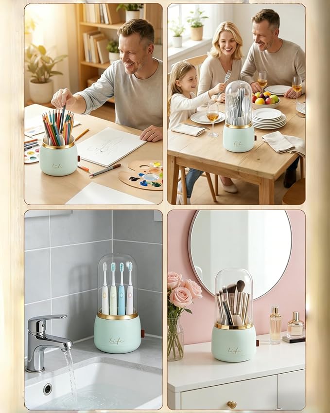 Silverware Organizer with Lid, 360° Rotation Utensil Holder for Kitchen Counter, Silverware Caddy for Party, 7 Slots Fits Standard Utensils & Steak Knives, Not for Extra-Long Knives (Light Green)