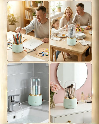 Silverware Organizer with Lid, 360° Rotation Utensil Holder for Kitchen Counter, Silverware Caddy for Party, 7 Slots Fits Standard Utensils & Steak Knives, Not for Extra-Long Knives (Light Green)