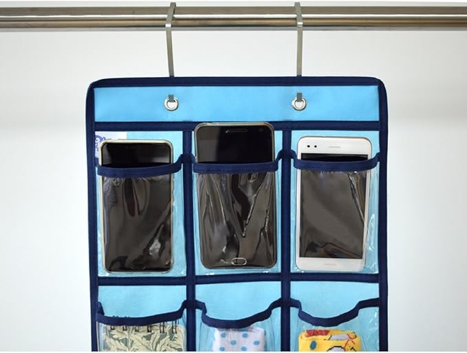 NIMES Hanging Closet Underwear Sock Jewelry Storage Over The Door Classroom Cell Phone Calculator Organizer Clear Pockets (BLUE-12 & 9 POCKETS PACK)