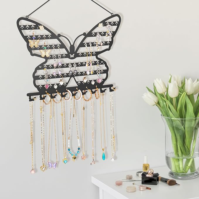 NiHome Butterfly Wall Mounted Jewelry Organizer, Decorative Metal Earring and Necklace Holder for Bedroom, Vanity, or Closet, Stylish Organizer with Easy Hanging for Fashion Lovers (Black)