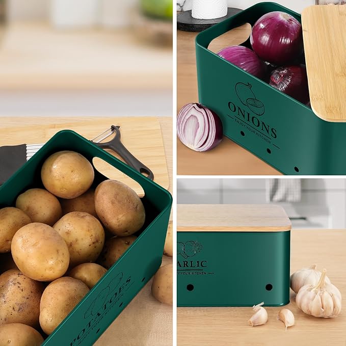Kitchen Vegetable Storage Set of 3, Metal Onion Garlic Potato Storage Set, Kitchen Canisters Vegetable Keeper Containers with Aerating Holes and Wooden Lid (Alpine Green)