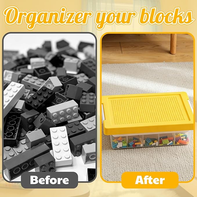 Building Block Organizer Bin, Plastic Double Layer Brick Storage Box with Building Baseplate, Stackable Art Crafts Container with Removable Divided Tray for Home, Office