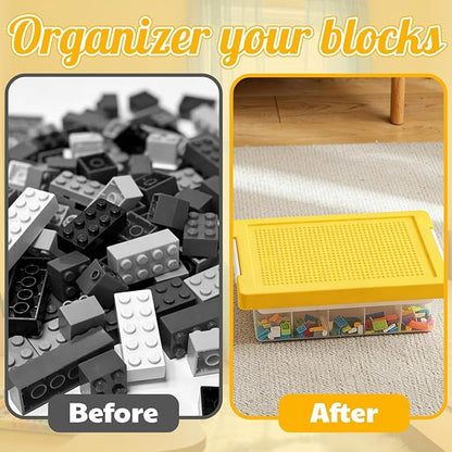 Building Block Organizer Bin, Plastic Double Layer Brick Storage Box with Building Baseplate, Stackable Art Crafts Container with Removable Divided Tray for Home, Office