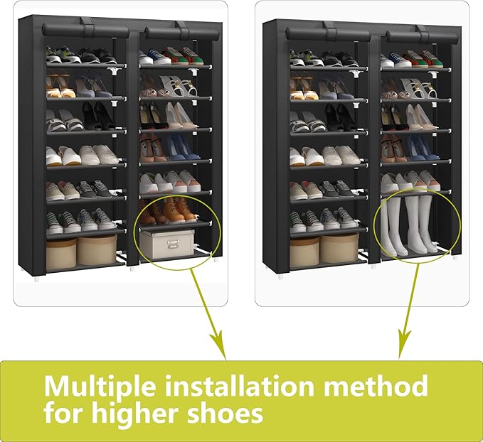 JIUYOTREE 7-Tier Shoe Storage Organizer with Dustproof Cover - Closet Cabinet Shelf Holds up to 28 Pairs - For Doorway, Corridor, Balcony, Living Room - Black