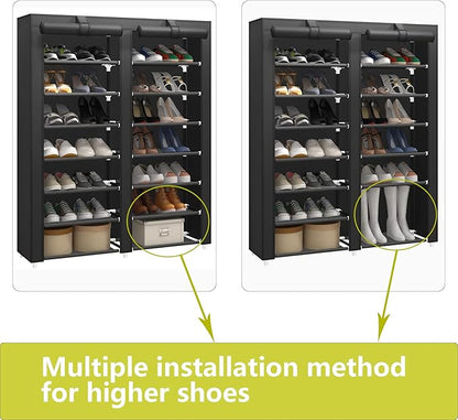 JIUYOTREE 7-Tier Shoe Storage Organizer with Dustproof Cover - Closet Cabinet Shelf Holds up to 28 Pairs - For Doorway, Corridor, Balcony, Living Room - Black