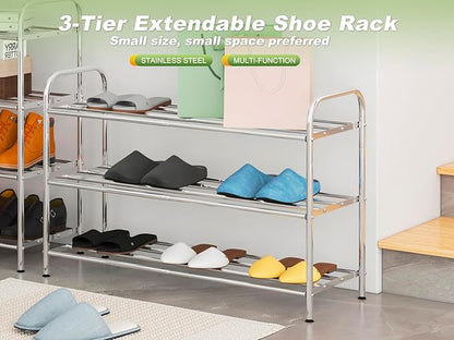 3-Tier Expandable Shoe Rack – Adjustable Heavy Duty Organizer Shelf | 100% Stainless Steel & 4-Rod Stretchable | Small Space Shoe Rack for Closet Entryway (15" to 27", Silver)