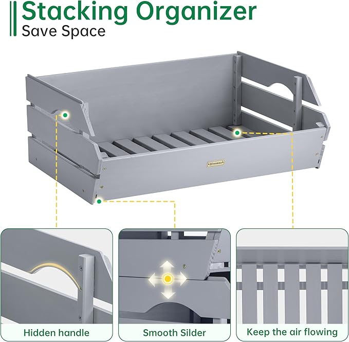 HABAU Potato Onion Storage Bin - Wood Stackable Produce Basket with Handles - Fruit and Vegetable Storage for Kitchen and Pantry Counter Organization - 1 Pack
