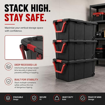 Extra Large 40 Gallon Wheeled Industrial Storage Bins, Heavy Duty Plastic Stackable Totes with Latch Lids and Pull Handle for Garage, Basement, and Moving, Black Box and Red Handle, 2 Pack