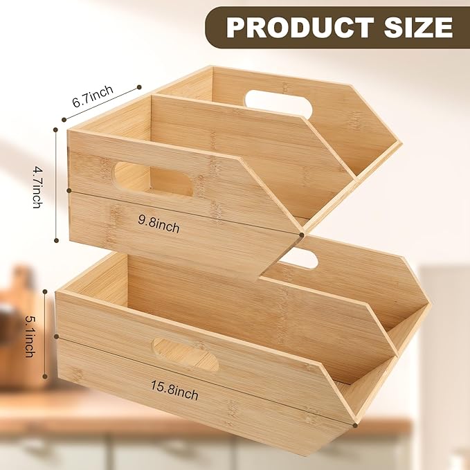 Bamboo Pantry Organizers and Storage Bins, 2 Set Stackable Baskets for Vegetables, Potatoes, Onion, Garlic, Bread - Bamboo Kitchen Containers for Pantry Drawer, Counter, Cabinet