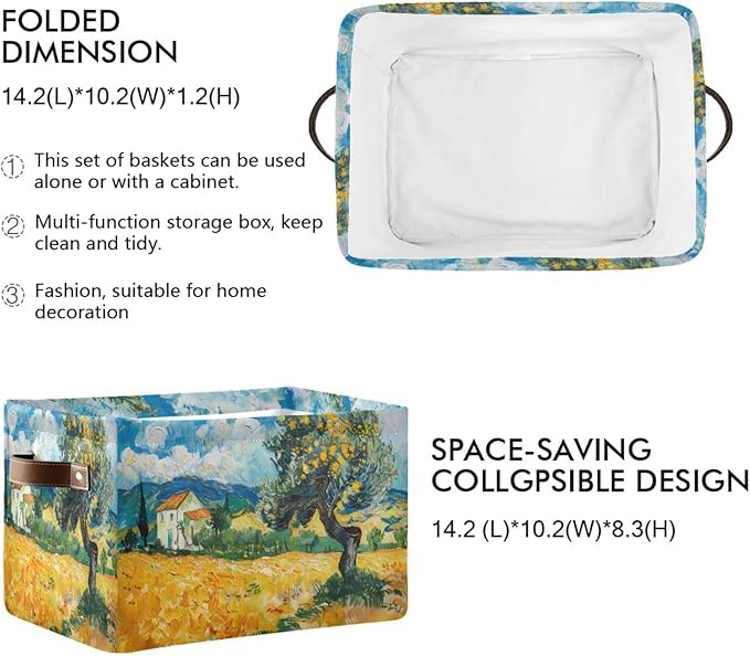 Large Storage Basket Tree Field Farmhouse Painting Storage Bin Cube Canvas Fabric Organizer Handles Collapsible for Clothes Toys Bedroom Decorative