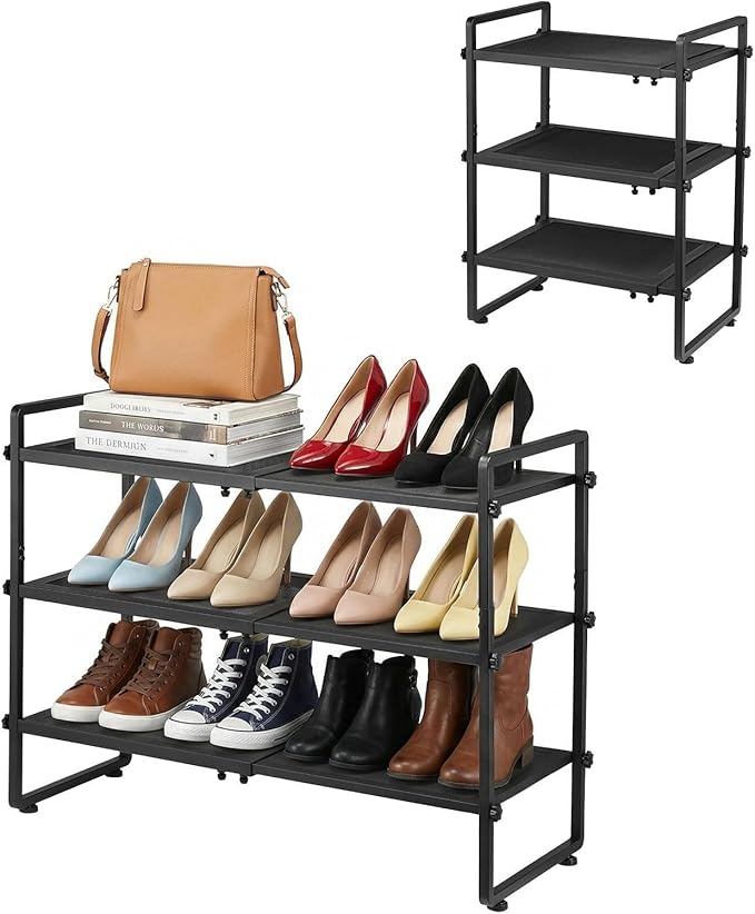 Expandable Shoe Rack for Closet - Shoe Organizer for Entryway, Adjustable Metal Shoe Storage, Stackable Long Shoe Stand Holder for Garage, Hallway, Door Entrance (Black, 3 Tier)