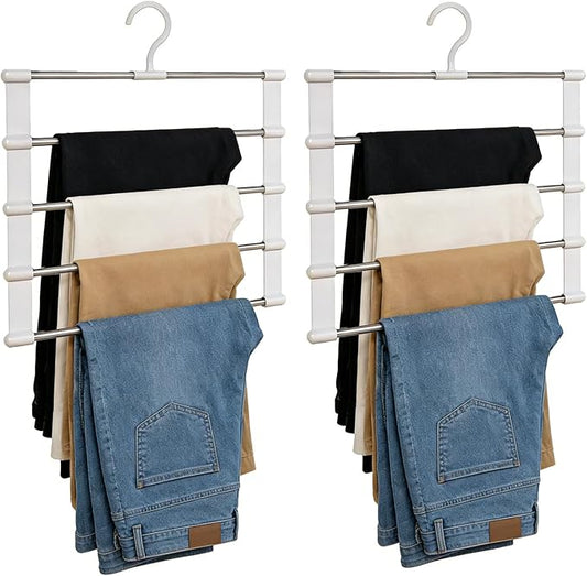 5-Tier Hanging Pants Rack, Pants Rack, 2 Pack Space Saving Closet Organizer for Multiple Pants, Slacks, Jeans, Towels, Scarves - Heavy Duty Storage Holder for Closet, Bedroom, Dorm Room