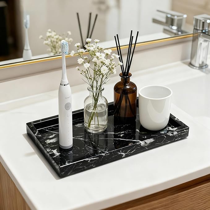 Pure Natural Marble Tray for Bathroom, Dresser, Sink. Cosmetics, toiletries, perfumes, Jewelry, Candles, etc. can be Placed (Black Onyx, 12" x 8" x 1.2")