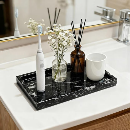 Pure Natural Marble Tray for Bathroom, Dresser, Sink. Cosmetics, toiletries, perfumes, Jewelry, Candles, etc. can be Placed (Black Onyx, 12" x 8" x 1.2")