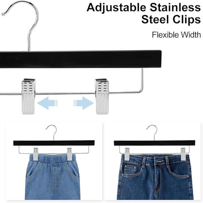 AMKUFO 20pcs Wooden Pants Hangers Solid Pants Hangers with Adjustable Clips 14 Inch Black Wood Skirt Hangers Trousers Bottom Hangers with Non-Slip Clips and 360° Swivel Hook