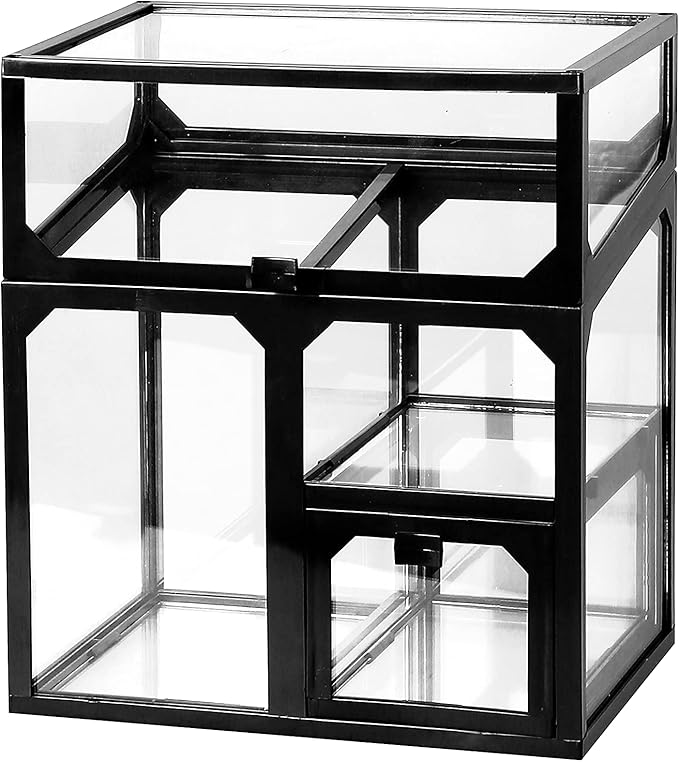 MOOCHI Black Vintage Glass Cosmetic Multifunctional Makeup Organizer with Pearls Dustproof Cosmetics Storage Display Case For Brushes Lipsticks