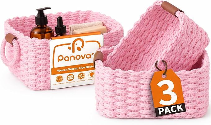 Storage Basket, Recycled Paper Rope Bathroom Basket Organizer, 3Pcs Small Baskets for Organizing, Mini wicker Basket for Decorative Storage Bins, Shelves, Bathroom, Cabinet - Pink