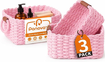 Storage Basket, Recycled Paper Rope Bathroom Basket Organizer, 3Pcs Small Baskets for Organizing, Mini wicker Basket for Decorative Storage Bins, Shelves, Bathroom, Cabinet - Pink