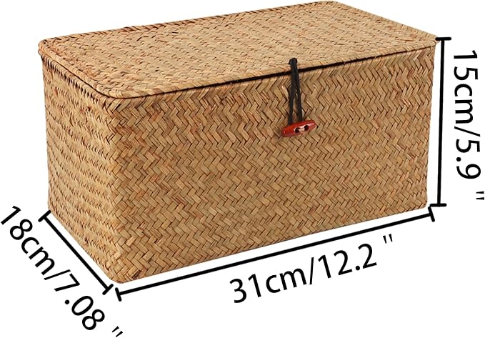 Moosky Wicker Shelf Baskets with Lid,Natural Seagrass Storage Basket Boxes Handwoven Rectangular Baskets Bins Multipurpose Home Organizer Decor (Medium)