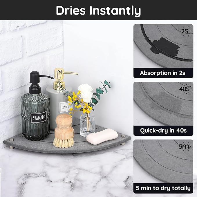 Segbeauty Diatomaceous Earth Tray, 9.85in Instant Dry Stone Drying Tray for Bathroom Counter Corner, Water Absorbing Corner Countertop Organizer Corner Counter Shelf Soap Sponge Dispenser Holder