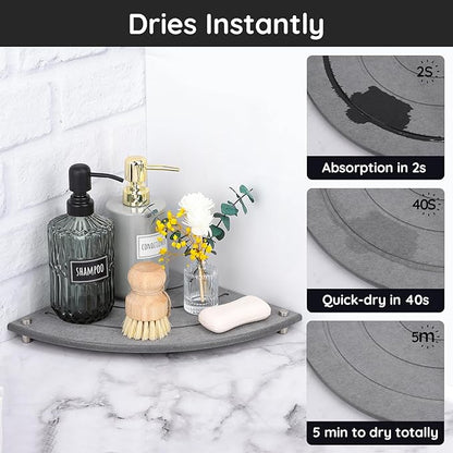 Segbeauty Diatomaceous Earth Tray, 9.85in Instant Dry Stone Drying Tray for Bathroom Counter Corner, Water Absorbing Corner Countertop Organizer Corner Counter Shelf Soap Sponge Dispenser Holder