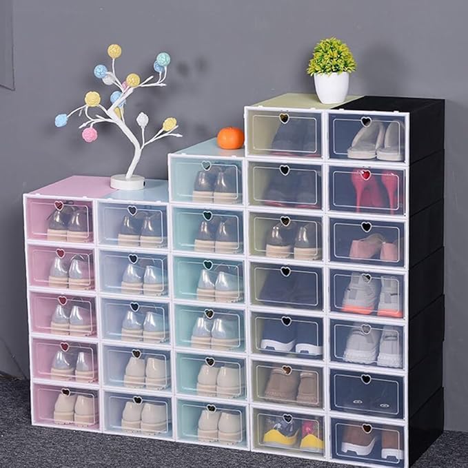 4pcs Large Plastic Shoe Storage Boxes with Drawer-type Dustproof Flip-top Design Stackable Shoe Organizer for Home Closet Multipurpose Storage Containers
