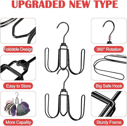 2 Pack Hat Hanger for Closet, Collapsible Metal Hat Organizer for Baseball Caps, Racks with 4 Big Hooks, 360° Rotation Space Saving Hangers, Better Organizer&Display for Tie, Scarves, Black