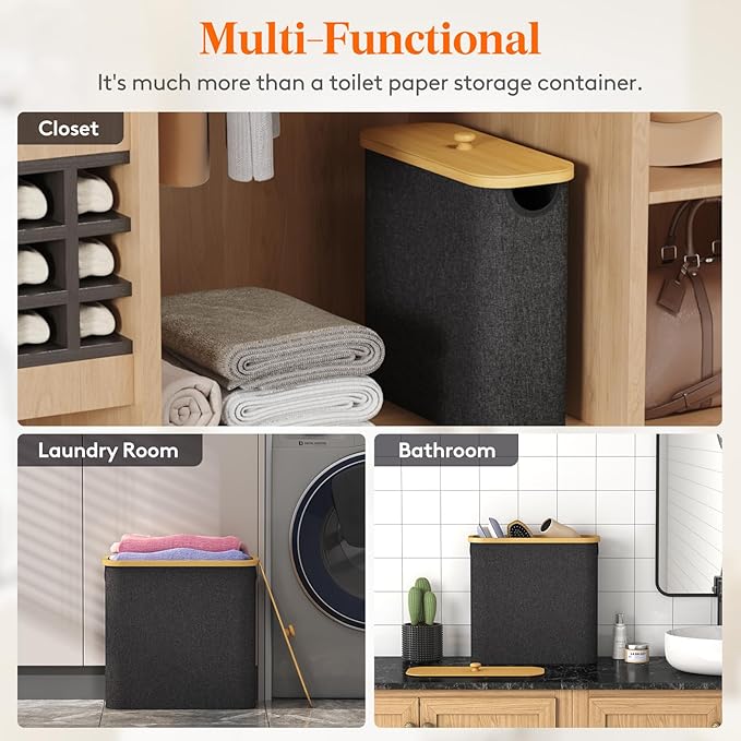 Lifewit Toilet Paper Storage Holder for 12 to 16 Rolls, Free Standing Toilet Paper Basket Stand with Bamboo Lid, Collapsible Fabric Bathroom Organizer Box for Mega Rolls, 30L, Extra Large, Dark Gray